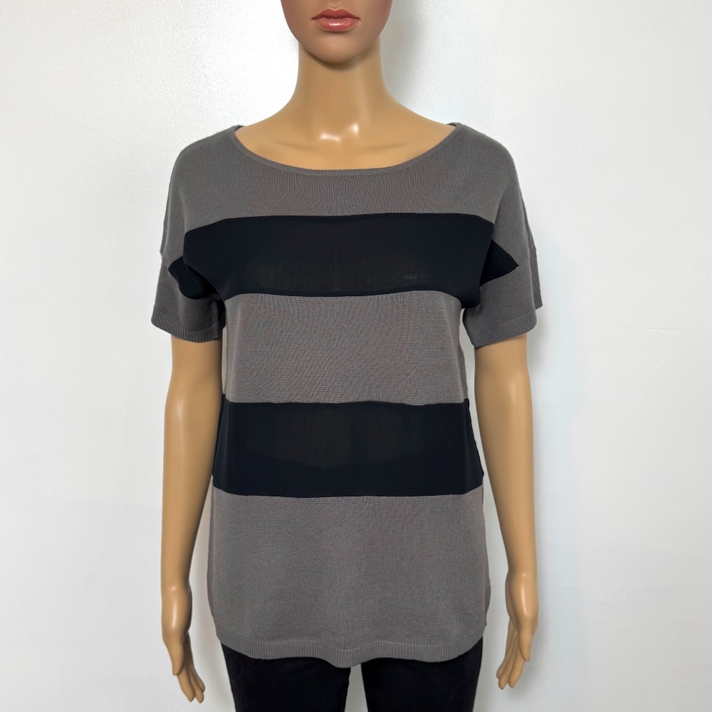 NWT FRNCH Simon’s Grey Wool-blend Black Chiffon Stripes Short Sleeve Top Sz S